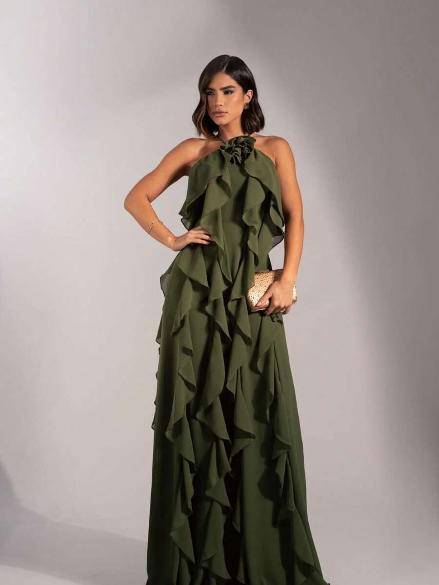 Elegant Long Party Dress With Ruffles And Floral Collar – Bridesmaid Style, Pleated Knot Hem With Ruffles, Wedding Dress - 橄欖綠 - 查看 1
