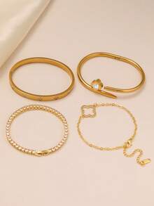 Shiny Fashion Four-Leaf Clover Nail-Shaped Zirconia Inlaid Bangle Bracelet Set, Stainless Steel, Versatile, Suitable For Daily Wear, Couples, And Gifts - Yellow Gold - View 3