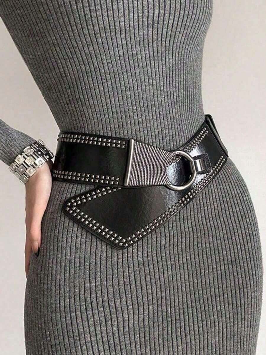 1pc Wide Rivet Waist Belt, Retro Fashion Punk Rivet Y2K Style Waist Belt For Sweater, Coat - màu đen - Xem 1