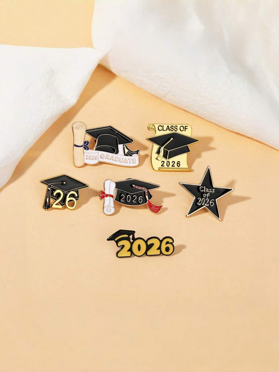 1/5/6 件装创意 2026 毕业季博士帽设计，结合数字/英文标语金属徽章，锌合金滴油学士帽纪念礼物，学生时尚学士制服，帽子，包包礼物胸针，毕业派对礼物。