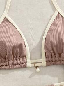 女士新款欧美风印花比基尼套装，可爱性感系带设计，适合海滩度假，夏季穿着 - 珊瑚粉 - 查看 7