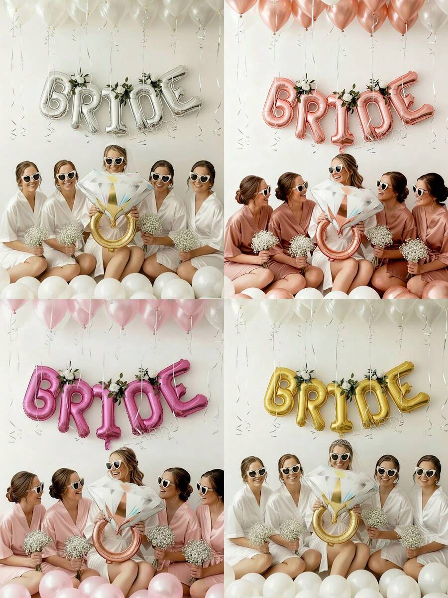 16件組 16英吋銀色/玫瑰金/洋紅色/金色字母「BRIDE」氣球，準新娘派對裝飾氣球套組 | 金色鑽戒氣球 + 10英吋珍珠白/珍珠粉/玫瑰金乳膠氣球 | 婚前派對、單身女派對 - 彩色 - 查看 1