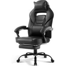 Silla de juegos, silla de videojuegos de cuero PU con soporte lumbar de masaje y reposapiés Silla de juegos de computadora ergonómica grande y alta ajustable en altura con asiento giratorio y reposacabezas para oficina en el hogar - Negro - Ver 1