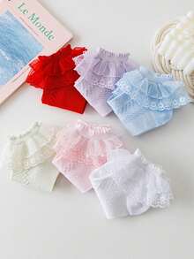 3/6 pares de meias infantis de algodão com detalhes em renda, cor sólida, estilo princesa, versáteis para festas e dança. - Multicolorido - Ver 2