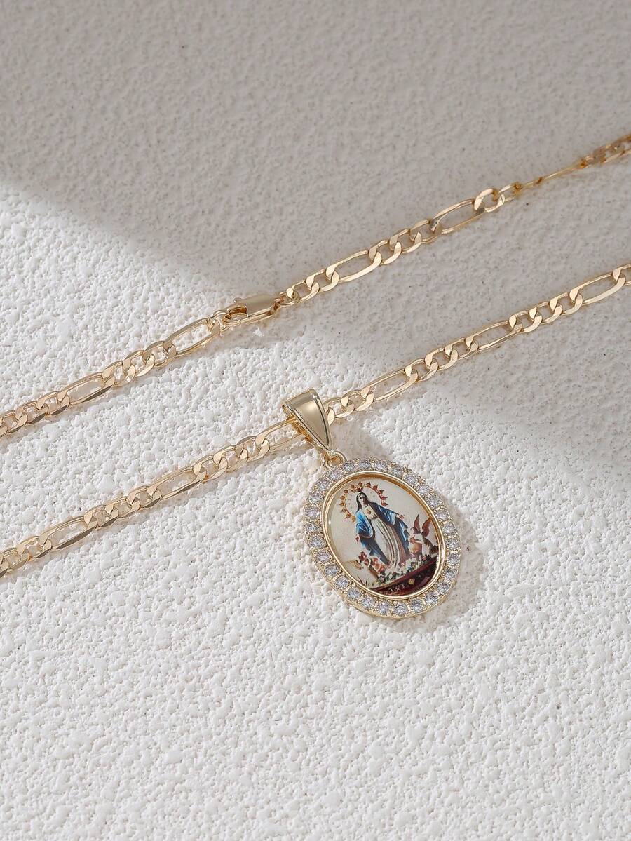 1pc Vintage Religious Style Micro-Inlaid Zirconia Virgin Mary Oval Pendant Niche Luxury Jewelry, Suitable For Daily, Party, And Religious Occasions - Gold - View 1