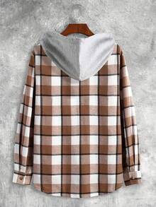 Men's Casual Fashionable College Style Plaid Hooded Shacket - Brown - View 3