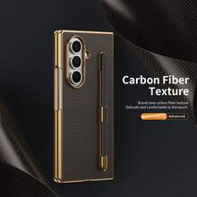 VIETAO Electroplated Design Built-In Pen Phone Case, Compatible With Samsung Galaxy Z Fold 7 6 5 4, Carbon Fiber Texture Phone Case - Brown - View 2