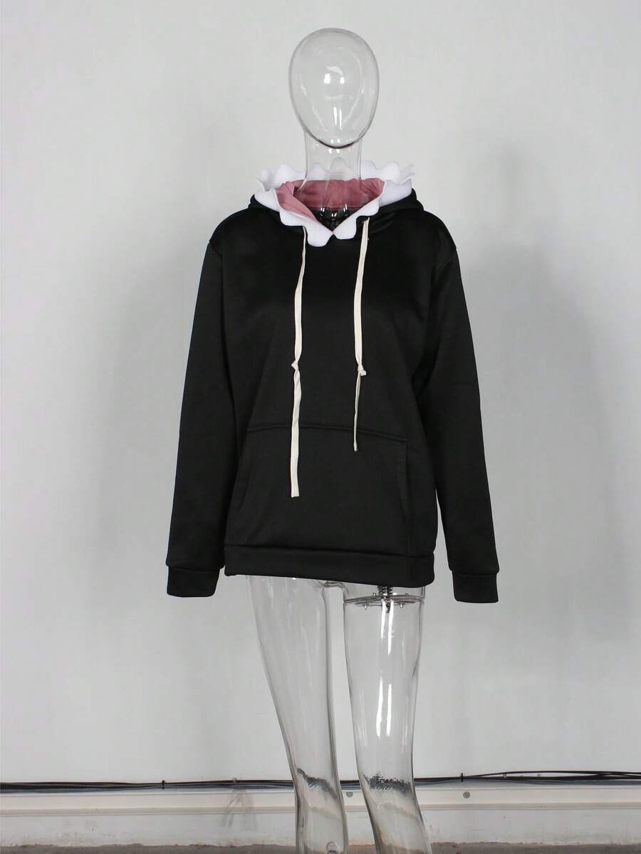 Spring Solid Color Street Loose Hoodies Long Sleeve Drawstring Pockets Shark Print Casual Hoodies For Women - Black - View 1