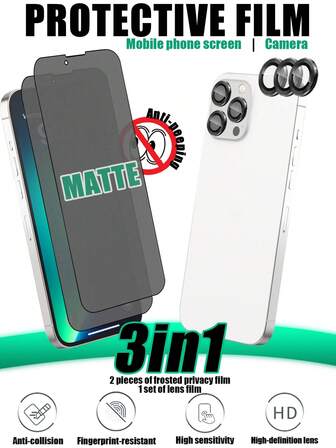 3-in-1-Set: 1 Stück Schwarzer Linsenschutzfilm und 2 Stück Anti-Spion Matt Bildschirmschutzfolien, Anti-Späh-Datenschutz, hochauflösende Linsenwiederbelebung, hohe Härte kratzfest, wasserfest, fingerabdruckfest, einfache Montage, kompatibel mit iPhone 17 Pro Max/17 Pro/17 Air/17/16 Pro Max/16 Pro/16 Plus/16/15 Pro Max/15 Pro/15 Plus/15/14/13/12 und weitere Bildschirmschutz-Grundlagen, geeignet für täglichen Schutz, Büro, Zuhause Bildschirmschutz Telefon Zubehör Datenschutz wasserdicht stoßfest kratzfest