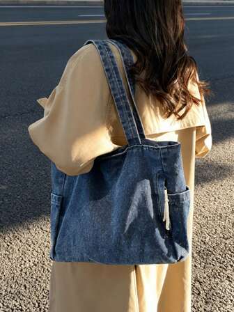 Bolso de lona de unicolor de mezclilla lavada, bolso de hombro de gran capacidad para hombres, bolso de mano de gran capacidad