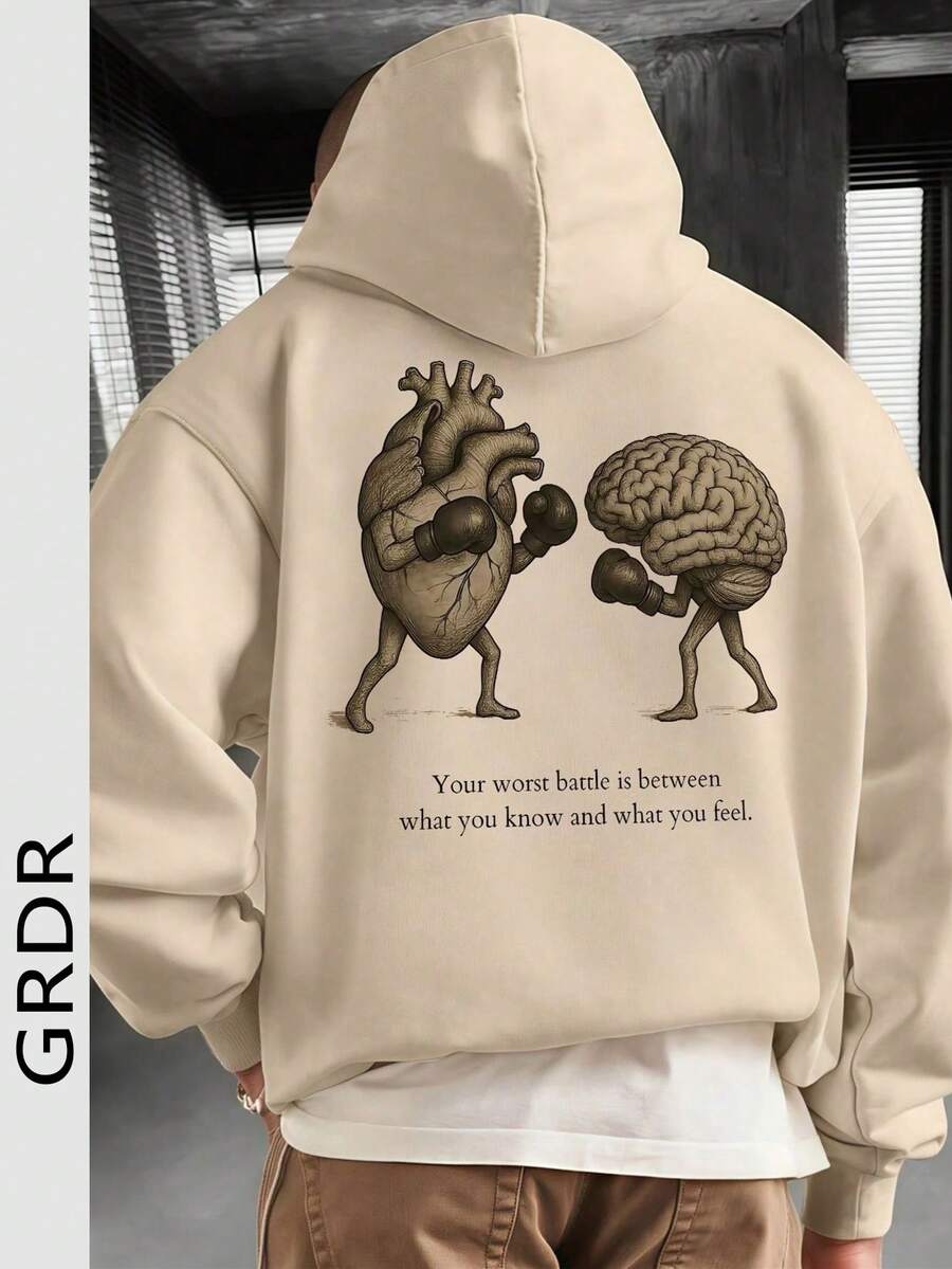 男式标语心形印花长袖抽绳休闲连帽衫，带口袋 - 杏色 - 查看 1