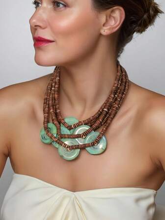 Collar de cuentas marrón de varios niveles vintage, gargantilla multicapa decorada con disco de turquesa imitación