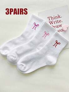 3 Pairs Bow Pattern Crew Socks, Casual Everyday Wear, Fall