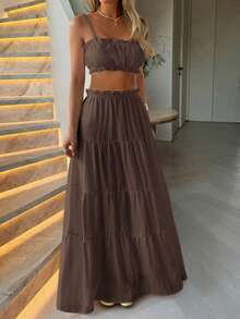 Look Polly Women's 2-Piece Set, Solid Color Strapless Camisole Top And Long Skirt, Women's Back To School Outfit, Autumn Casual Wear, Suitable For Church, Vacation, Concerts, Bohemian Style Vacation Set, Brown Top Paired With Brown Skirt, Elegant Women's Beach Outfit - Brown - View 8