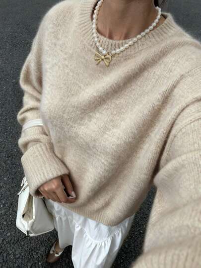 FOR BEAUTY Women's Round Neck Knit Sweater, New Loose Fit Long Sleeve Casual Pullover, Versatile For New Year, Autumn/Winter