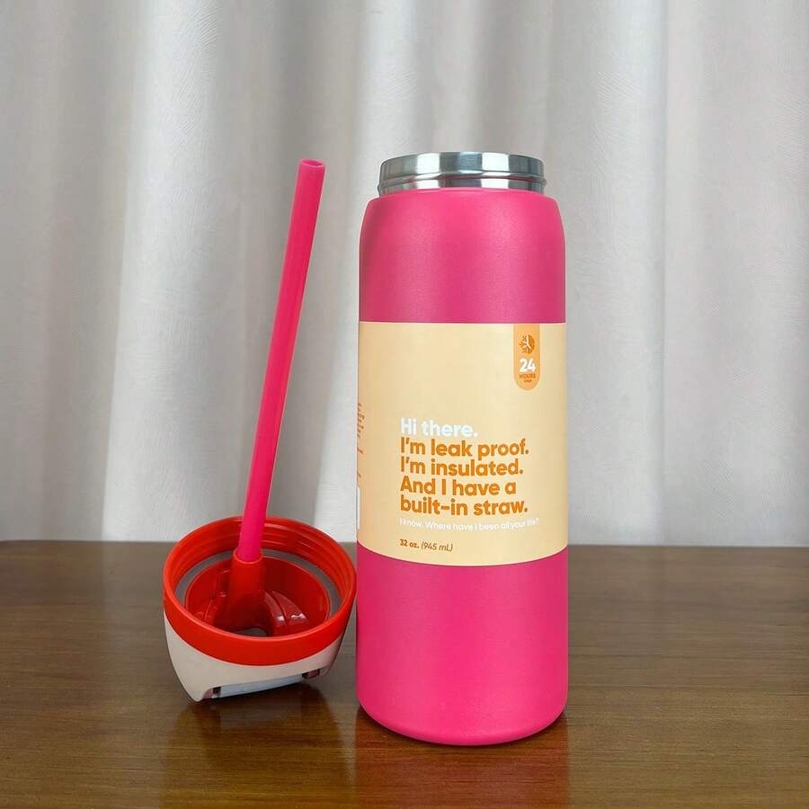 32oz Insulated Stainless Steel Water Bottle With Straw, Sports Water Bottle,Premium Summer Drinkware Portable Portable Water Bottle Travel Cup Iced Coffee Mug For Outdoor Camping,Hiking, Driving,Traveling, Perfect Gift. - Hồng nóng - 32oz - Xem 1