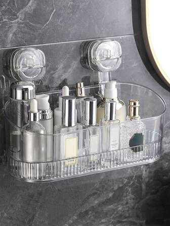 1PC Wall Mounted Bathroom Storage Rack, Non Drilling Suction Cup Storage Rack, Household Bathroom Wall Non Scratch Storage Rack, Bathroom Sink Storage Rack, Shower Supplies, Bathroom Accessories, Cosmetics And Toiletries Storage Rack, Suitable For Bathrooms, Kitchens, Bedrooms, Offices, Etc., Plastic Hanging Rack