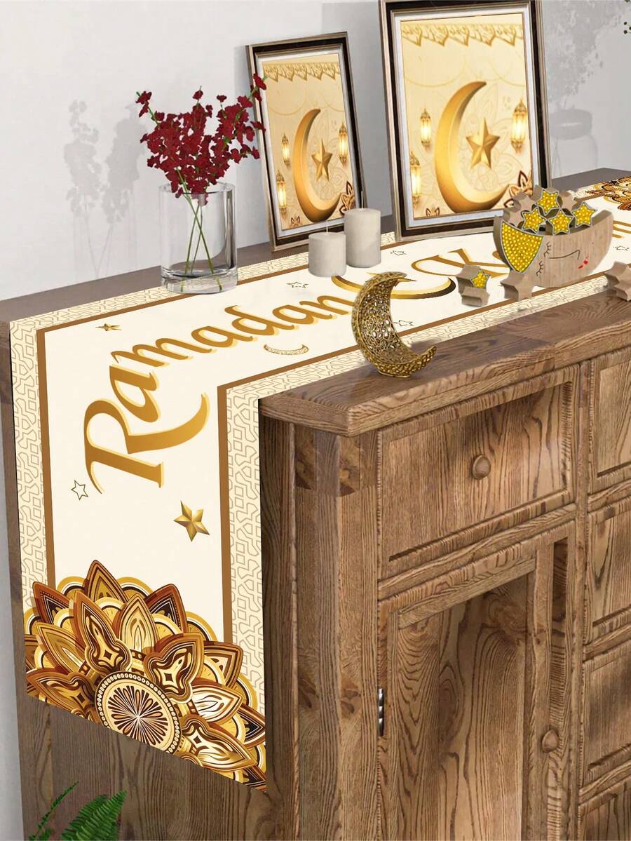 1Pc EID Ramadan Kareem Table Runner, EID Platinum Ramadan Kareem Design Polyester Table Runner For Eid Mubarak Party Decorations,Eid Mubarak Table Runner Cover,Ramadan Decorations For Home 2026 Eid Al-Fitr Celebrations Kitchen Dining Table Decor,Cabinet Decor,Home Kitchen Dining Room Table Decoration,Home Decor,Kitchen Supplies,Party Supplies Table Cloth,Table Accessories