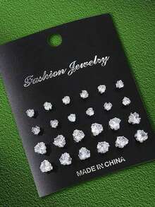 2-24pcs/Set Minimalist Punk Geometric Circle, Square, Heart Zirconia Stud Earrings For Men, Glamorous Party, Festival, Vacation, Music Event, Couple, Party, Date, Gift, Casual Wear - Silver - View 9