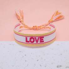 1pc Handmade Embroidered Love Letter Boho Style Tassel Woven Bracelet - Multicolor - View 4