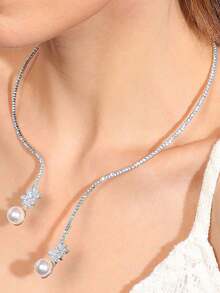 1 pieza Collar completo de cristal con hoja de circonita y perla, collar de cobre y plata de lujo y de moda adecuado para uso diario de mujeres, aniversario, boda, fiesta, celebración, joyería nupcial