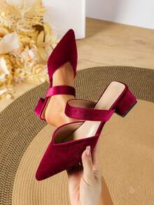 Women's Solid Color High Heel Pumps, Casual Elegant Business Party Sexy Fashion PU Leather Buckle Closure Pumps, Burgundy Pointed Toe Mid Heel Shoes, Suitable For Party, Commute, Office, Outdoor Events
