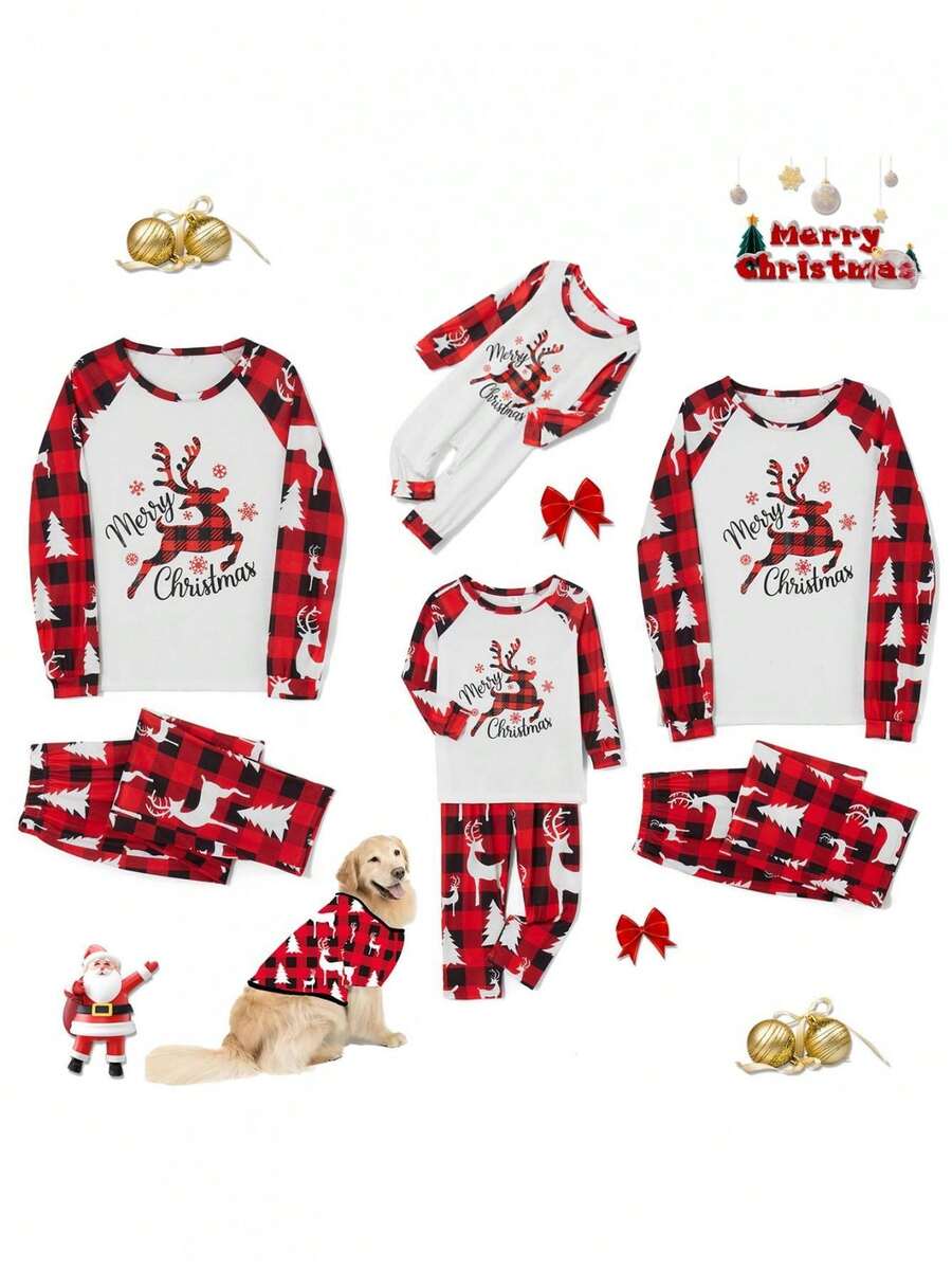 Christmas Family Pajamas Matching Set Elk Print Long Sleeve Tops And Red Plaid Pants Sleepwear - Đỏ - Xem 1