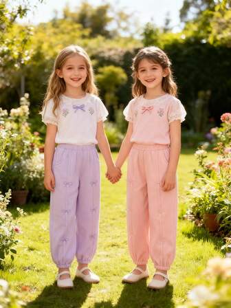 2 件套年轻女孩时尚可爱蝴蝶结图案刺绣休闲袖口长裤，柔软舒适的松紧腰身，毛绒加厚款式，休闲百搭运动风，适合秋冬户外活动、上学、骑自行车、慢跑、派对、度假、聚会和日常休闲，任何场景