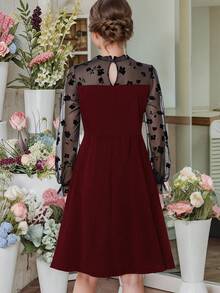 Kilottor Tween Girls Floral Mesh Patchwork Party Dress - Burgundy - View 2