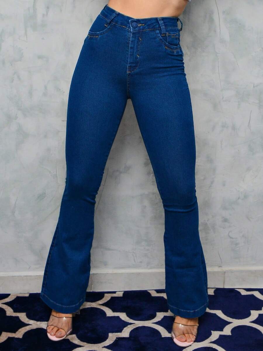Women's High-Waisted Flare Jeans, Blue, Escora – Maxxi Primeiro Jeans - Rửa tối - Xem 1
