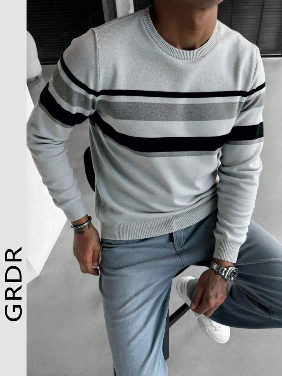 1pc Men's Casual Striped Knit Sweater, Autumn/Winter