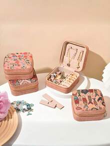 1pc Mini Retro Jewelry Box Earrings, Rings, Necklaces, Travel Storage Box, Jewelry Earrings, Elegant Style Printed Jewelry Box, Multi Functional Jewelry Storage Box, Zipper Convenient Jewelry Bag, Exquisite Cosmetics And Lipstick Storage Bag, Mother's Day Gift, Girls' Gift, Handbag Storage, New Cork Pattern Multi Compartment Large Capacity Jewelry Box, Luxury PU Leather Jewelry Box, Mini Flip Storage Women's Jewelry Gift, Mother's Storage Box Back To School