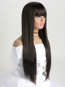 Peluca recta de 26 pulgadas de largo de color vino tinto con flequillo, peluca sintética resistente al calor con apariencia natural, adecuada para uso diario, Halloween, fiestas de cosplay y talla grande - Marrón oscuro - Ver 3