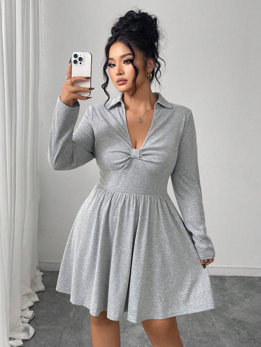 Plus Size Women Clothes Vestidos Elegantes De Mujer Dresses For Women Caramel Color, Fringed Neckline, Fitted Design, A-Line Length, High-Waist Design To Achieve Shaping Effect, Women's Long-Sleeved Dress Grey Collared Fitted A-Line Skirt. The Design Is Simple And The Atmosphere Is Relaxed And Comfortable. It Is Suitable For Daily Wear. - 灰色 - 查看 1