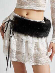 1pc Women's Black Rabbit Fur Drawstring Waist Belt, Scarf Waist Belt 2-In-1, Vintage Adjustable For Dresses, Sweaters, Pants, Suitable For Parties, Holidays, Gift - J - View 1