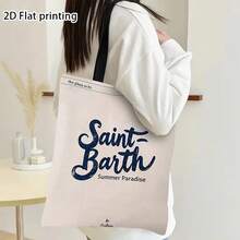 1 Piece Vintage Saint Barth Summer Paradise Handbag - Lightweight Open Top Shoulder Bag, Suitable Women, Casual Beach And Travel Essential, Durable Canvas, Fixed Shoulder Strap, Shopping And Vacation, Beach Bag - trắng - Xem 4