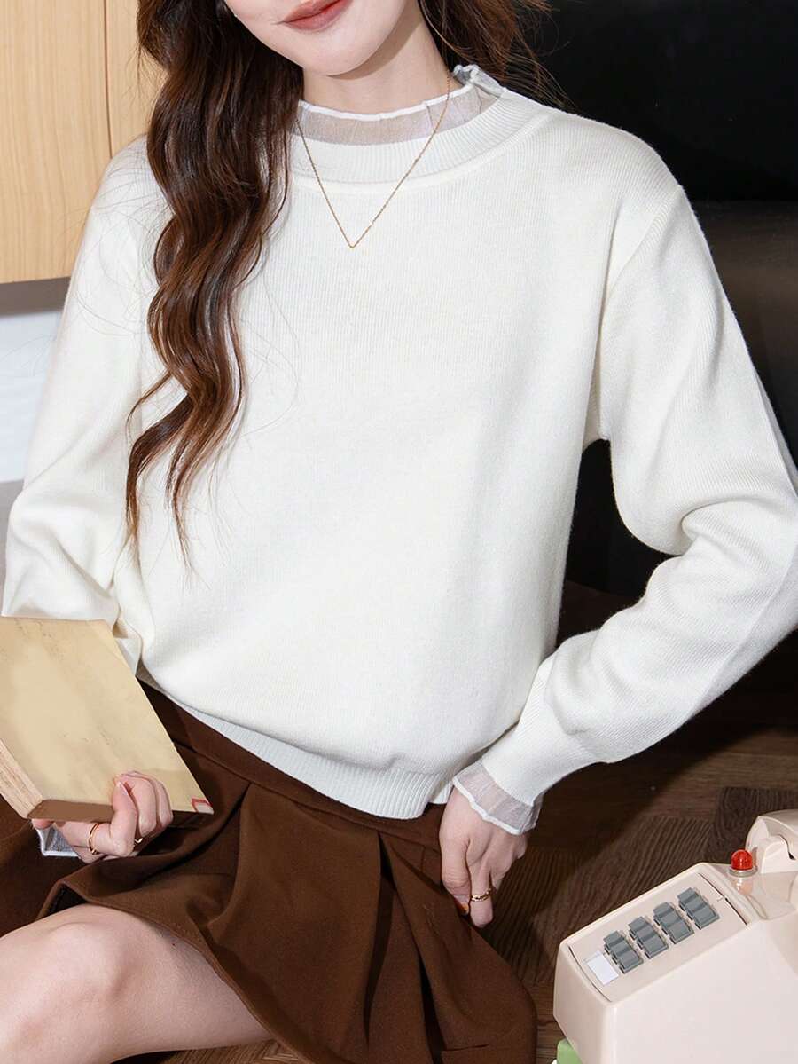 Alicedudu 纯色落肩荷叶边毛衣 - 白色 - 查看 1