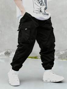 1pc Boys' Black Casual Loose Sweatpants With Side Pockets, Cargo Pants, 4-7 Years Old, Spring/Summer