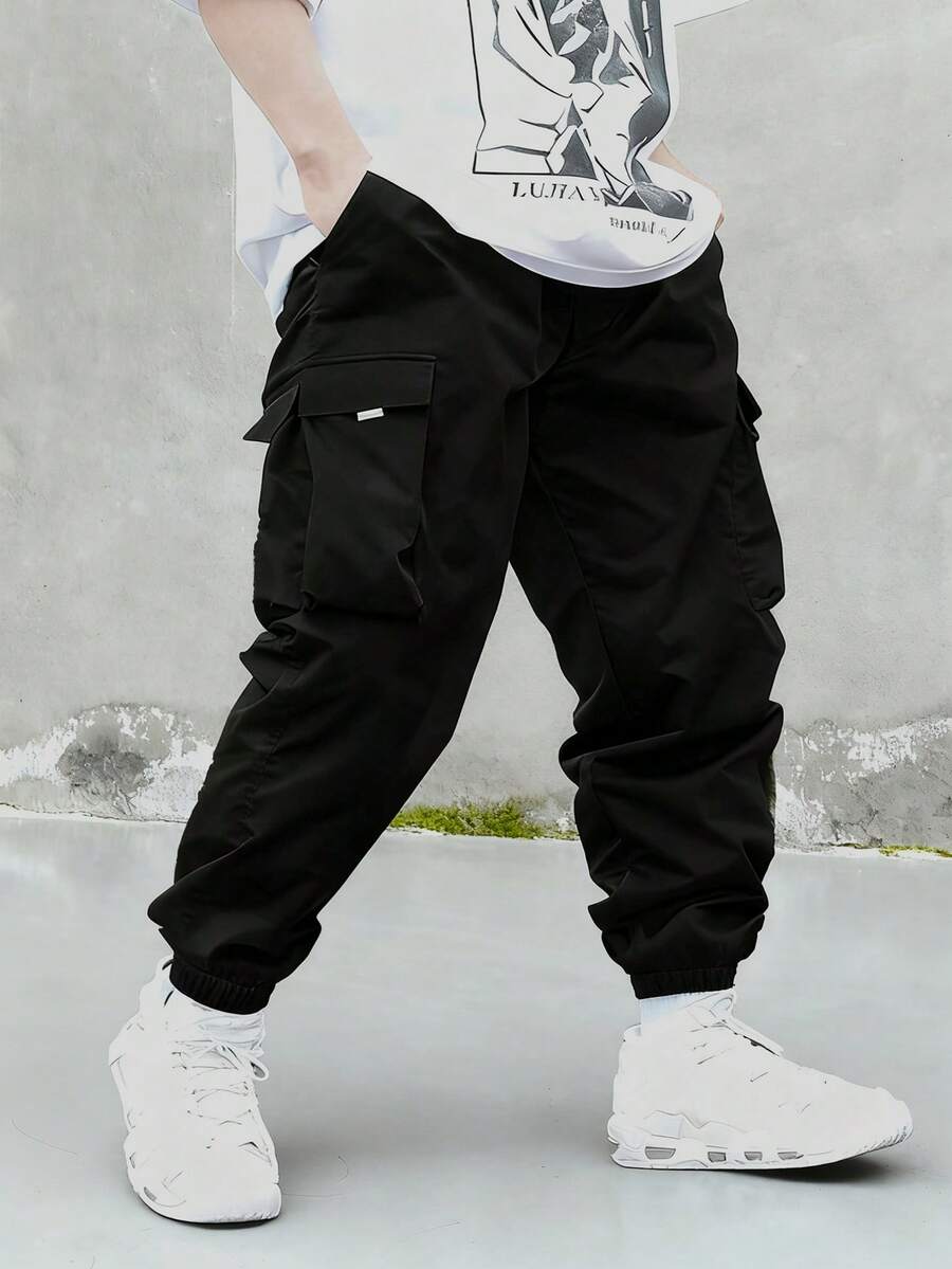 1pc Boys' Black Casual Loose Sweatpants With Side Pockets, Cargo Pants, 4-7 Years Old, Spring/Summer