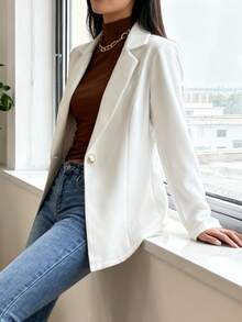 Women's Slim Fit Lapel Single-Button Blazer - Suitable For Both Work And Casual Wear, Solid Color - 白色 - 查看 4