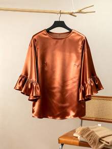 Women's Shiny Brown Half Sleeve Flounce Ruffle Hem Top - Brown - View 6