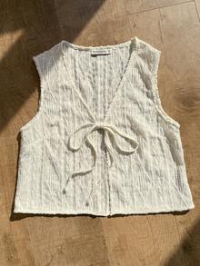 Rusttydustty Women's Young College Vintage Resort Bohemian Apricot Knitted Jacquard Tie-Up Vest - Apricot - View 3