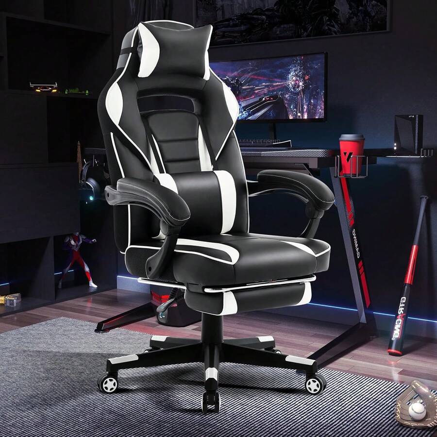 Silla de videojuegos, silla de juegos con soporte lumbar de masaje y reposapiés Silla de videojuegos ergonómica grande y alta ajustable en altura con asiento giratorio y reposacabezas para oficina en casa - Blanco y Negro - Ver 1