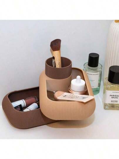 2-Tier 3D Printed PLA Rotating Organizer, 210*130*50mm Rectangular Compartments + 68*68*130mm Round Compartment, Modern Ribbed Texture Bathroom Vanity Makeup Storage Tray, Desktop Office Supplies Holder, Easy-Assembly Swivel Storage Rack For Cosmetics, Skincare, Brushes, Pens, Small Accessories, Minimalist Home Organization