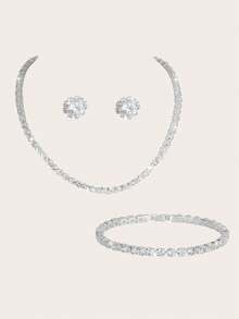 时尚简约的闪亮水晶项链、耳环和手链套装——一套奢华的晚宴礼服。该配饰可与正式晚宴包、褶皱条纹女士手提包和一款手提袋完美搭配。 - 銀色 - 查看 8