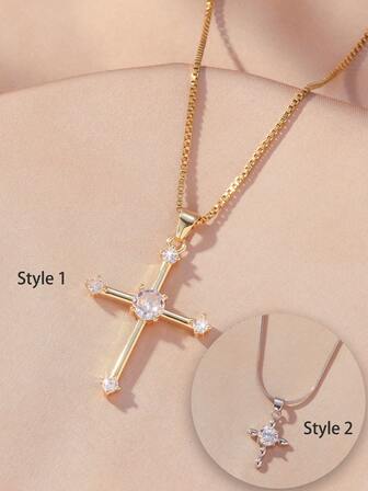 1件十字架项链，金色和银色可选，简约奢华设计，中央镶嵌水钻，适合年轻人日常佩戴、圣诞派对叠戴，颈链款式。