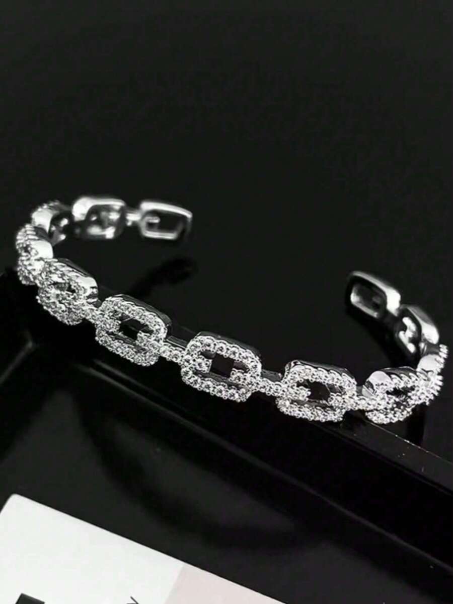 1 Stück kubischer Zirkonia Dekor modischer asymmetrischer geometrischer Durchbruch Armband in Goldfarbe, geeignet für Feiertage, Strand, formelle Partys und tägliches Outfit als Accessoire - Verschiedenfarbig - Übersicht 1