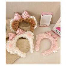 1Pcs Blush Pink Bear Ear Bow Lace Headband For Women Makeup Skincare Plush Hair Accessories Cute Christmas Party Wear Perfect Gift For Mom Friends And Kids - 粉色 - 查看 4