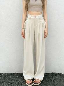 Casual Plain Color Straight High-Waist Slim Loose Suit Pants - Apricot - View 4