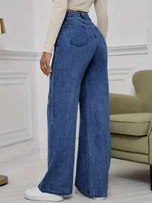 Women's Mid Waist Non Elastic Casual Loose Straight Leg Denim Pants Suitable For Daily Commuting And Home Wear - 深色水洗藍 - 查看 4